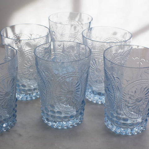 Pressed Coloured Drinking Glasses - Blue - set of six
