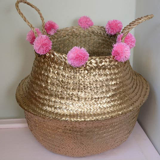 Gold Storage Baskets - Pink Pompoms